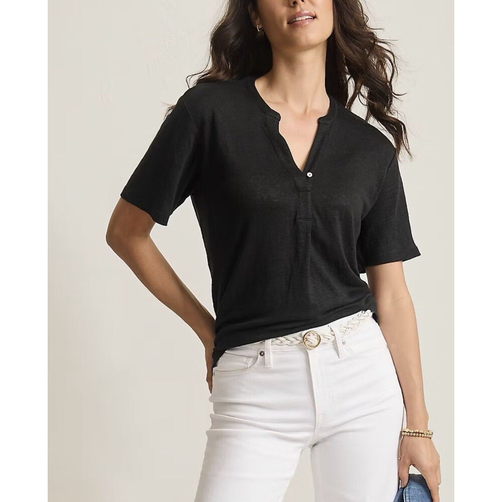 NWT Tommy Bahama Women’s 100% Linen Linnea Foil Tie Top Shirt Black SZ S